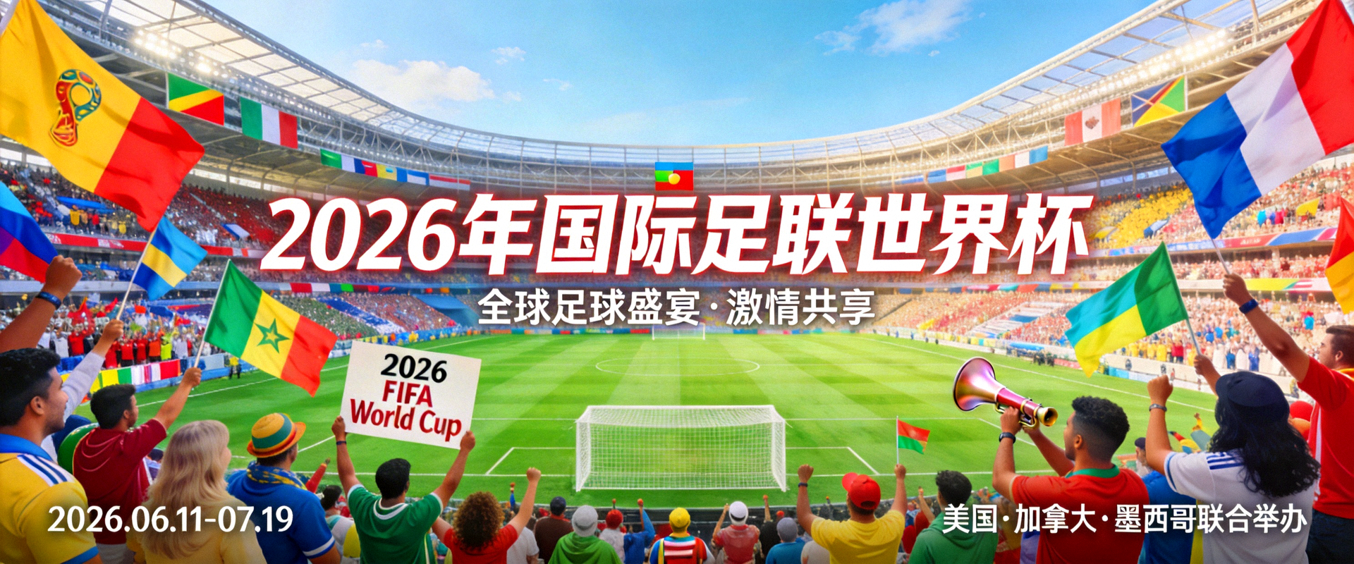 2026年国际足联世界杯官方宣传横幅，展示足球场与球迷盛况